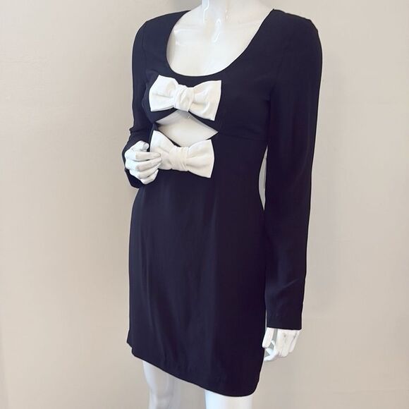 STAUD Lido Long Sleeve Crepe Mini Dress w Bow Cutout Details in Black & Opal - Picture 4 of 9